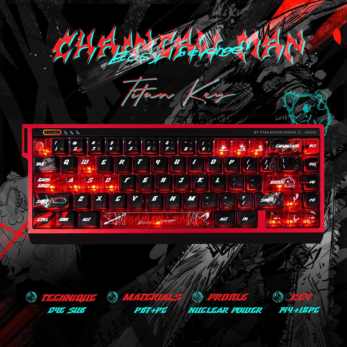 Chainsaw Man Keycaps Compatible with Wooting 60HE, MAD60HE, ACE60, ATK EDGE60, FUN60, WIN60, LUCKY 65, IPI65, REAL67, XTRFY K5, TITAN68, ACE68, MAD68HE, MADE68, HERO68, NANO68, FIRE68, MIG68, and ATK RS6.