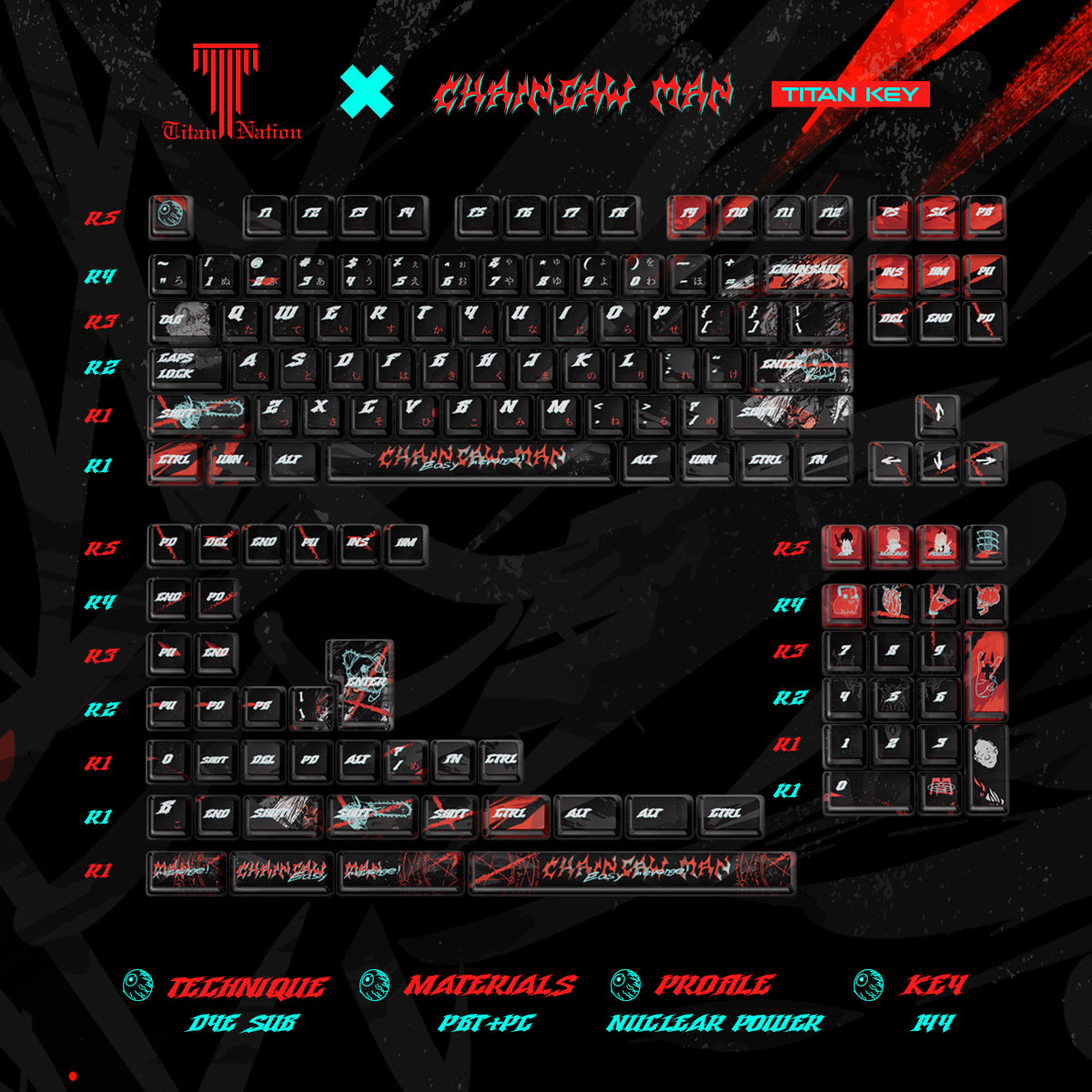 Chainsaw Man Keycaps Compatible with Wooting 60HE, MAD60HE, ACE60, ATK EDGE60, FUN60, WIN60, LUCKY 65, IPI65, REAL67, XTRFY K5, TITAN68, ACE68, MAD68HE, MADE68, HERO68, NANO68, FIRE68, MIG68, and ATK RS6.