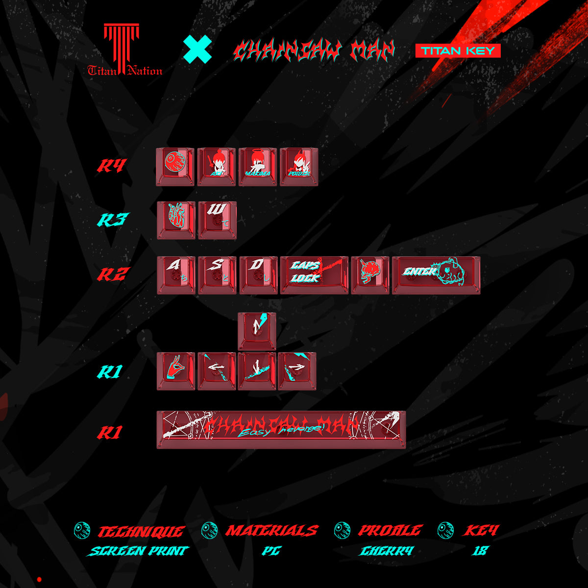 Chainsaw Man Keycaps Compatible with Wooting 60HE, MAD60HE, ACE60, ATK EDGE60, FUN60, WIN60, LUCKY 65, IPI65, REAL67, XTRFY K5, TITAN68, ACE68, MAD68HE, MADE68, HERO68, NANO68, FIRE68, MIG68, and ATK RS6.