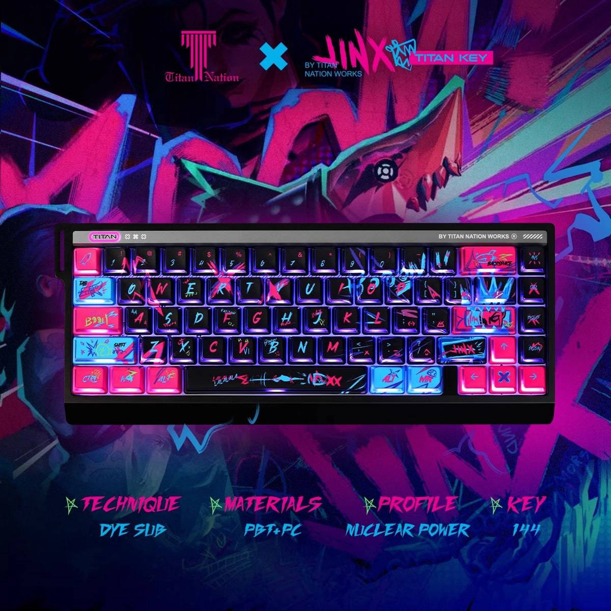 Arcane Jinx Keycaps are compatible with keyboards like MAD60HE, ACE60, and Wooting 60HE.