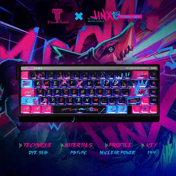 Arcane Jinx Keycaps are compatible with keyboards like MAD60HE, ACE60, and Wooting 60HE.