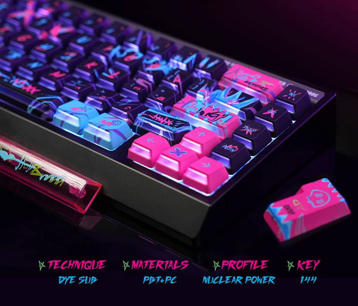 Arcane Jinx Keycaps are compatible with keyboards like MAD60HE, ACE60, and Wooting 60HE.