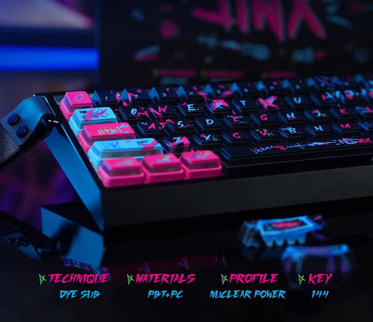 Arcane Jinx Keycaps are compatible with keyboards like MAD60HE, ACE60, and Wooting 60HE.