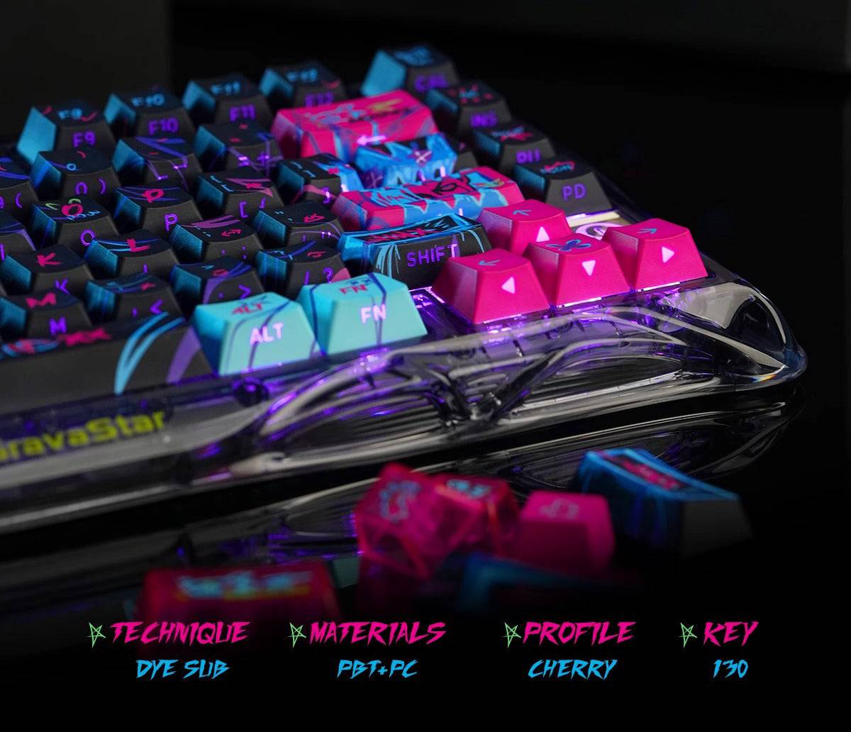 Arcane Jinx Keycaps are compatible with keyboards like MAD60HE, ACE60, and Wooting 60HE.