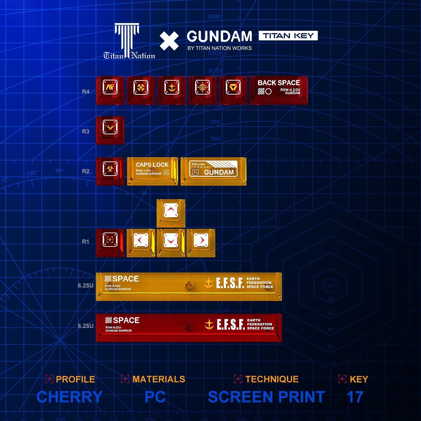 Titan Nation Gundam V2 Keycaps Nuclear Side-Transparent PBT