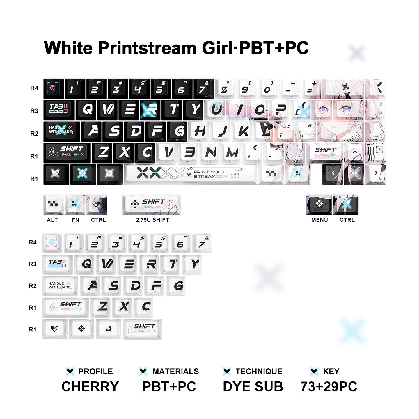 Printstream Girl Keycaps Compatible with Wooting 60HE, MAD60HE, ACE60, ATK EDGE60, FUN60, WIN60, LUCKY 65, IPI65, REAL67, XTRFY K5, TITAN68, ACE68, MAD68HE, MADE68, HERO68, NANO68, FIRE68, MIG68, and ATK RS6.