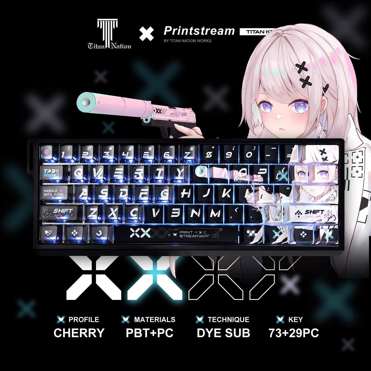 Printstream Girl Keycaps Compatible with Wooting 60HE, MAD60HE, ACE60, ATK EDGE60, FUN60, WIN60, LUCKY 65, IPI65, REAL67, XTRFY K5, TITAN68, ACE68, MAD68HE, MADE68, HERO68, NANO68, FIRE68, MIG68, and ATK RS6.