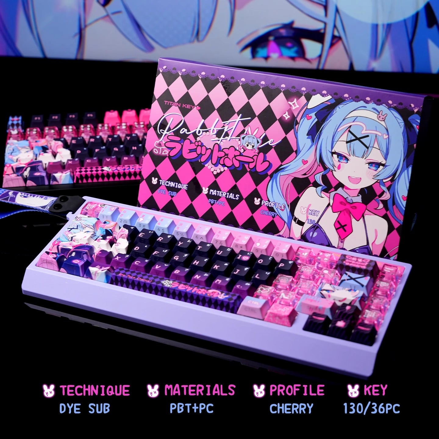 Rabbit Hole Keycaps are compatible with various mechanical keyboards, supporting both ANSI and ISO layouts. They are suitable for keyboards such as the Wooting 60HE, AL65, MAD60HE, and ACE60 gaming keyboards.
