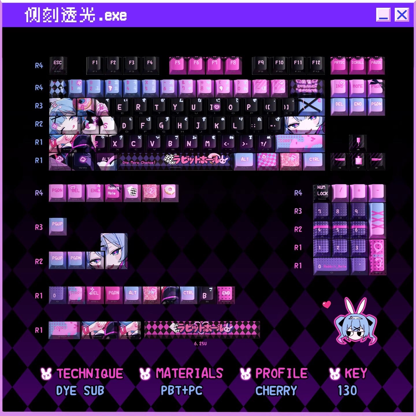 Rabbit Hole Keycaps are compatible with various mechanical keyboards, supporting both ANSI and ISO layouts. They are suitable for keyboards such as the Wooting 60HE, AL65, MAD60HE, and ACE60 gaming keyboards.