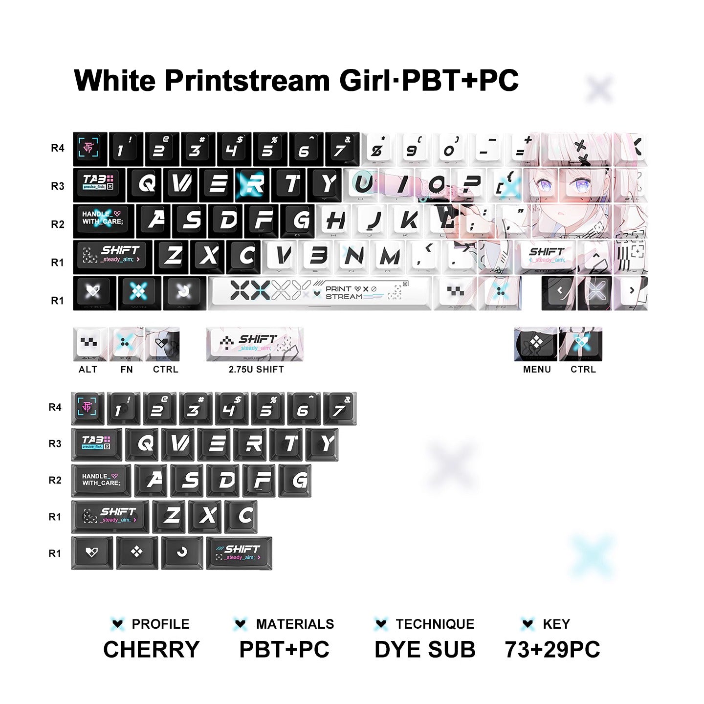 Printstream Girl Keycaps Compatible with Wooting 60HE, MAD60HE, ACE60, ATK EDGE60, FUN60, WIN60, LUCKY 65, IPI65, REAL67, XTRFY K5, TITAN68, ACE68, MAD68HE, MADE68, HERO68, NANO68, FIRE68, MIG68, and ATK RS6.