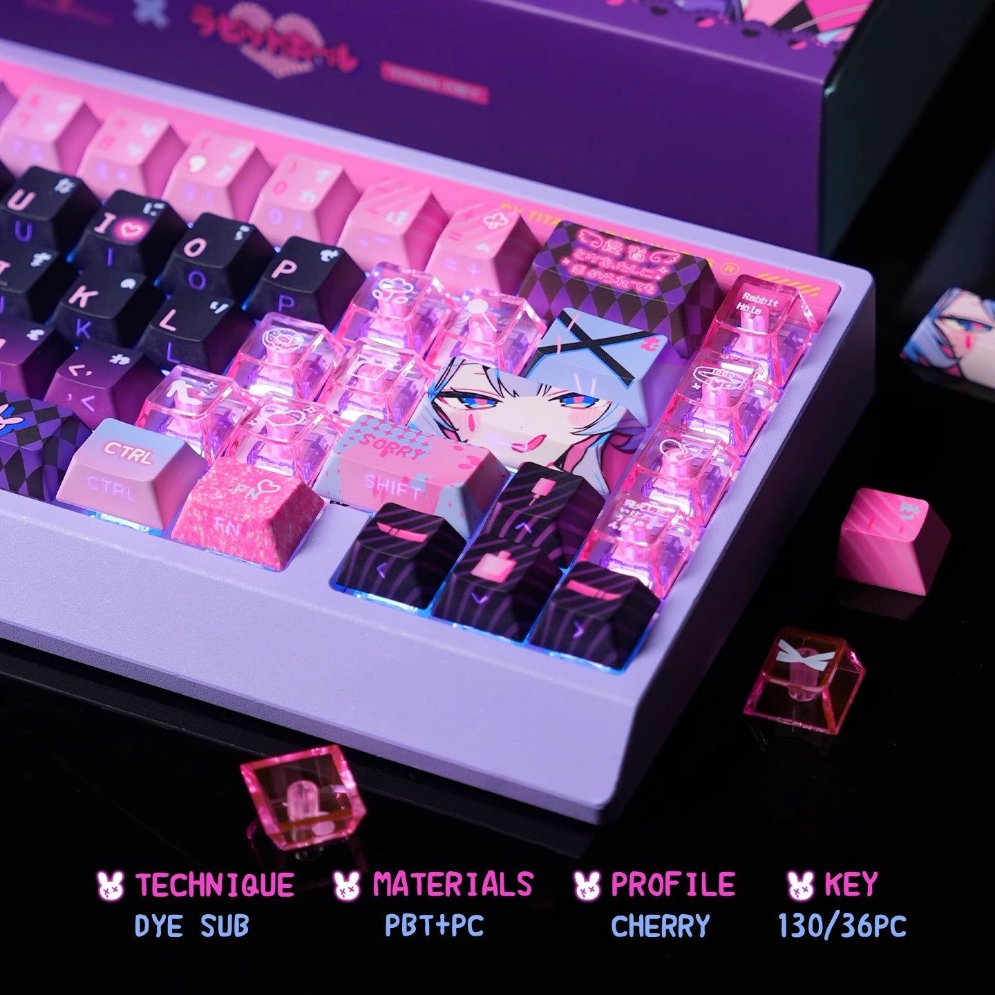 Rabbit Hole Keycaps are compatible with various mechanical keyboards, supporting both ANSI and ISO layouts. They are suitable for keyboards such as the Wooting 60HE, AL65, MAD60HE, and ACE60 gaming keyboards.