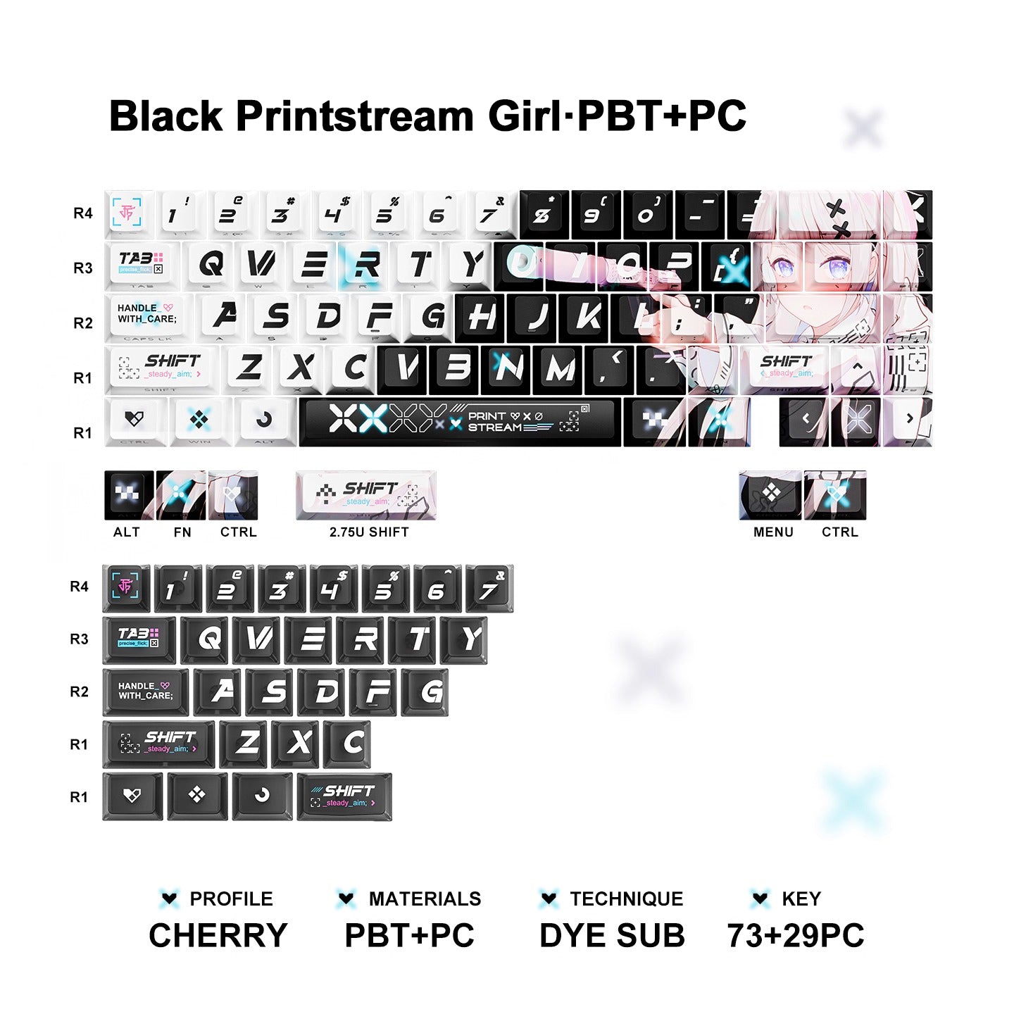 Printstream Girl Keycaps Compatible with Wooting 60HE, MAD60HE, ACE60, ATK EDGE60, FUN60, WIN60, LUCKY 65, IPI65, REAL67, XTRFY K5, TITAN68, ACE68, MAD68HE, MADE68, HERO68, NANO68, FIRE68, MIG68, and ATK RS6.
