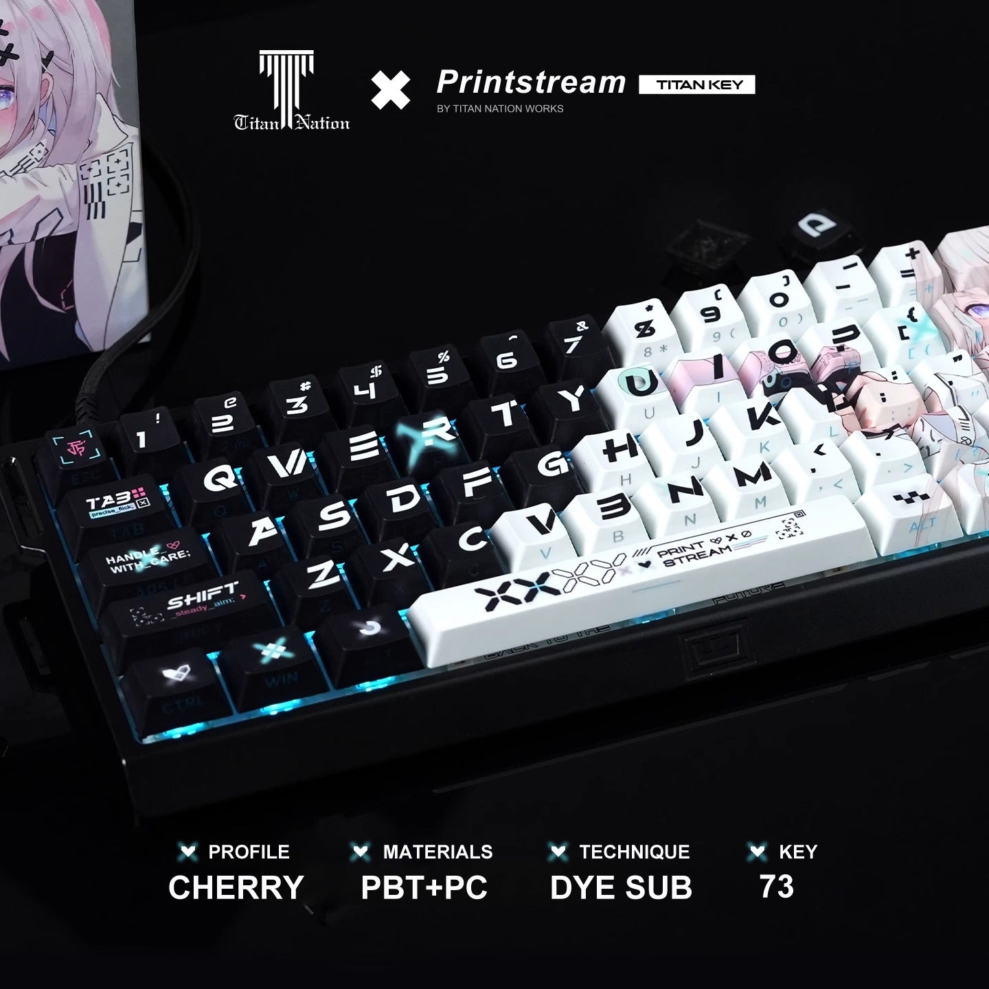 Printstream Girl Keycaps Compatible with Wooting 60HE, MAD60HE, ACE60, ATK EDGE60, FUN60, WIN60, LUCKY 65, IPI65, REAL67, XTRFY K5, TITAN68, ACE68, MAD68HE, MADE68, HERO68, NANO68, FIRE68, MIG68, and ATK RS6.