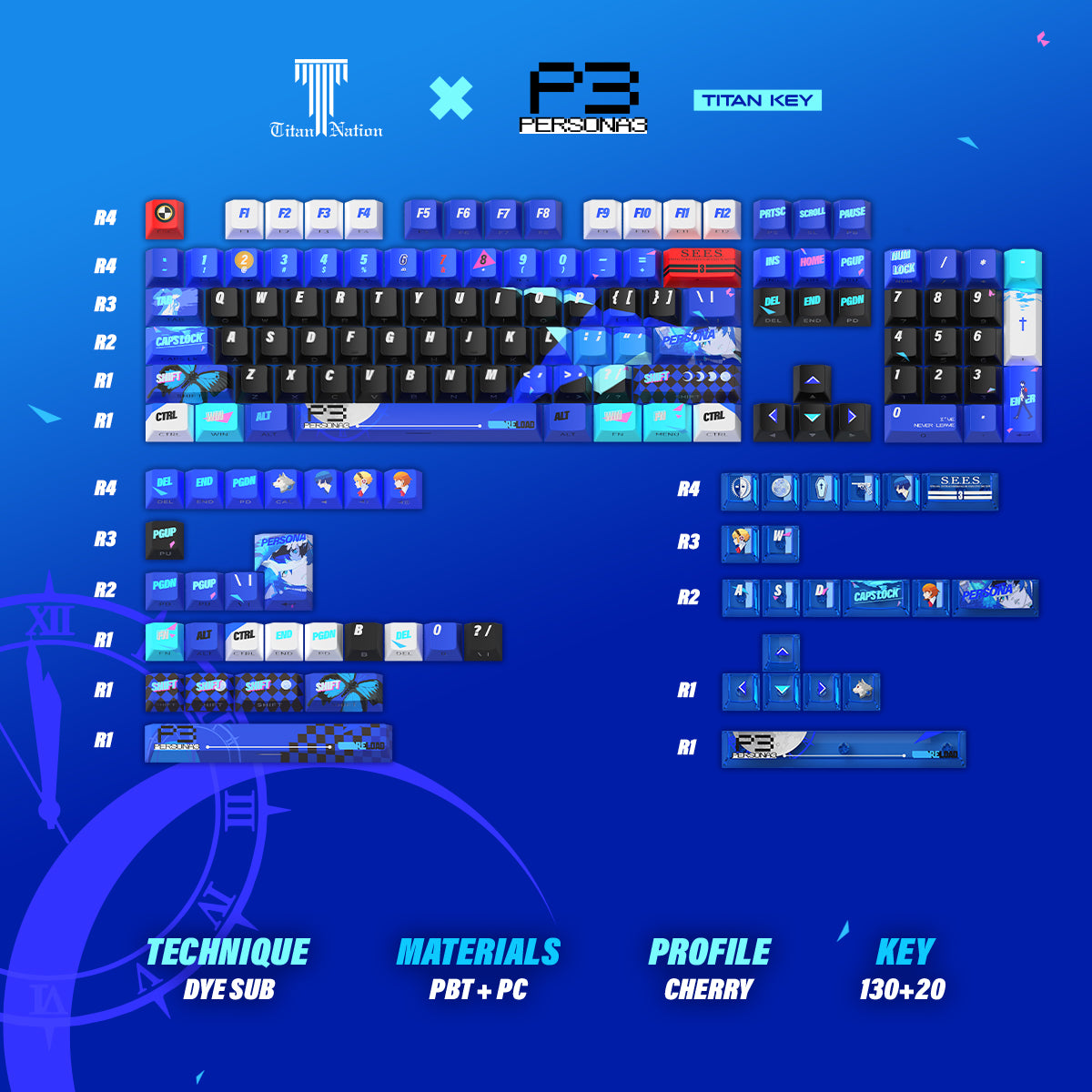Persona 3 Reload Keycaps Set – PBT Dye-Sub Blue Nuclear Style