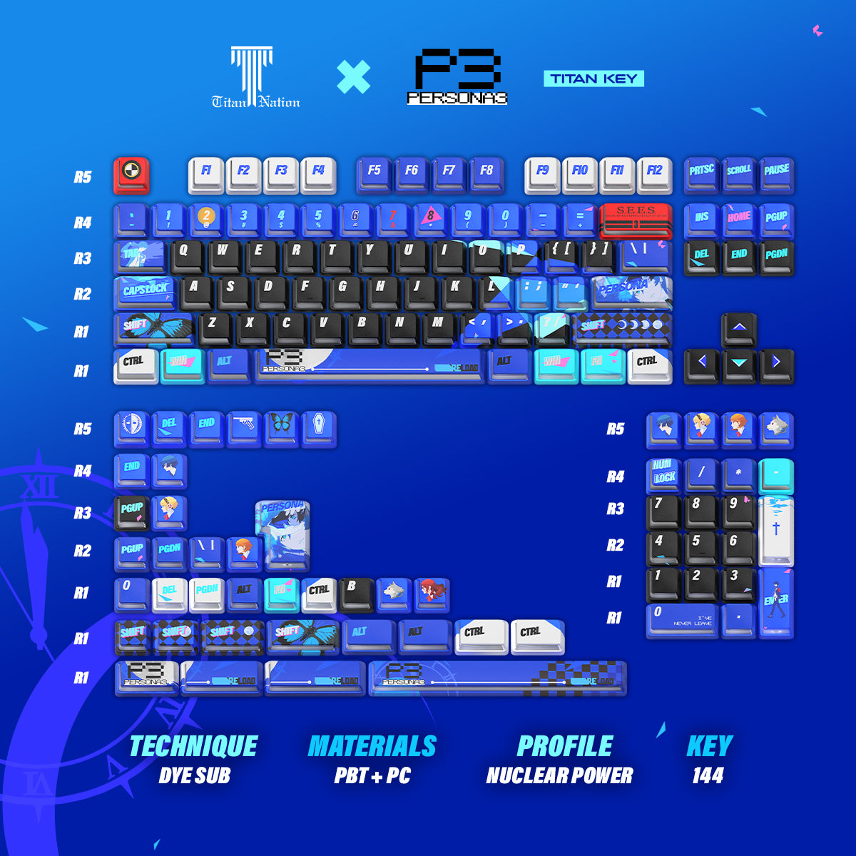 Persona 3 Reload Keycaps Set – PBT Dye-Sub Blue Nuclear Style
