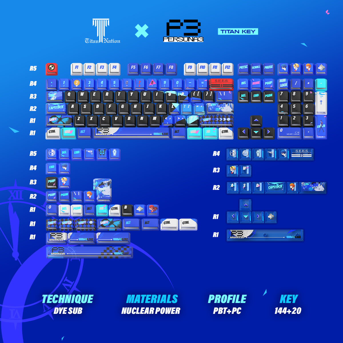 Persona 3 Reload Keycaps Set – PBT Dye-Sub Blue Nuclear Style