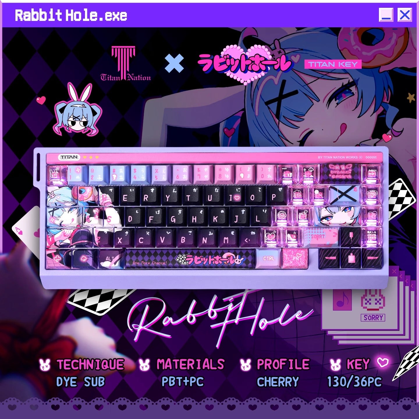 Rabbit Hole Keycaps are compatible with various mechanical keyboards, supporting both ANSI and ISO layouts. They are suitable for keyboards such as the Wooting 60HE, AL65, MAD60HE, and ACE60 gaming keyboards.