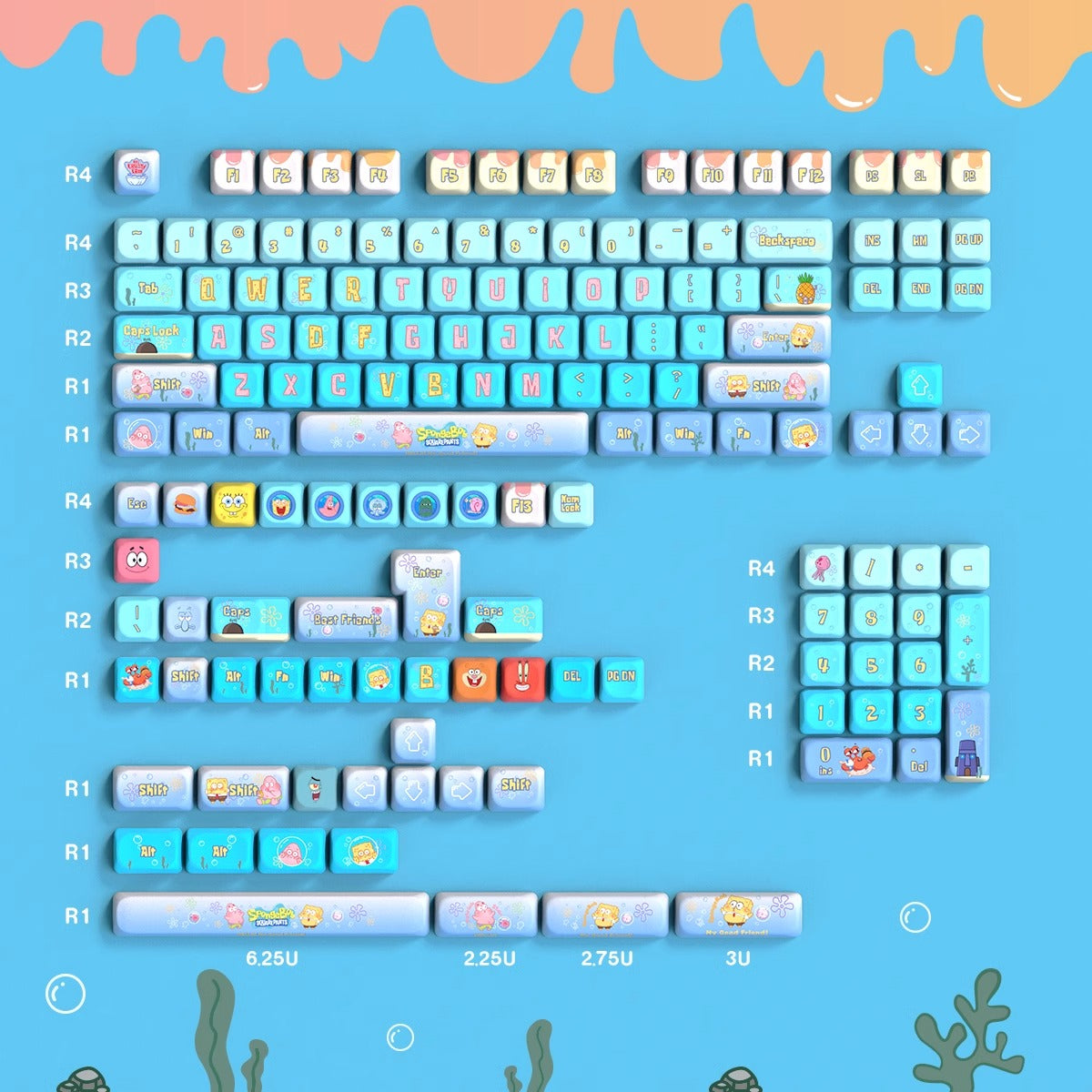 Spongebob Anime PBT Keycaps Set  mechanical keyboards layout Compatible with Keychron K1