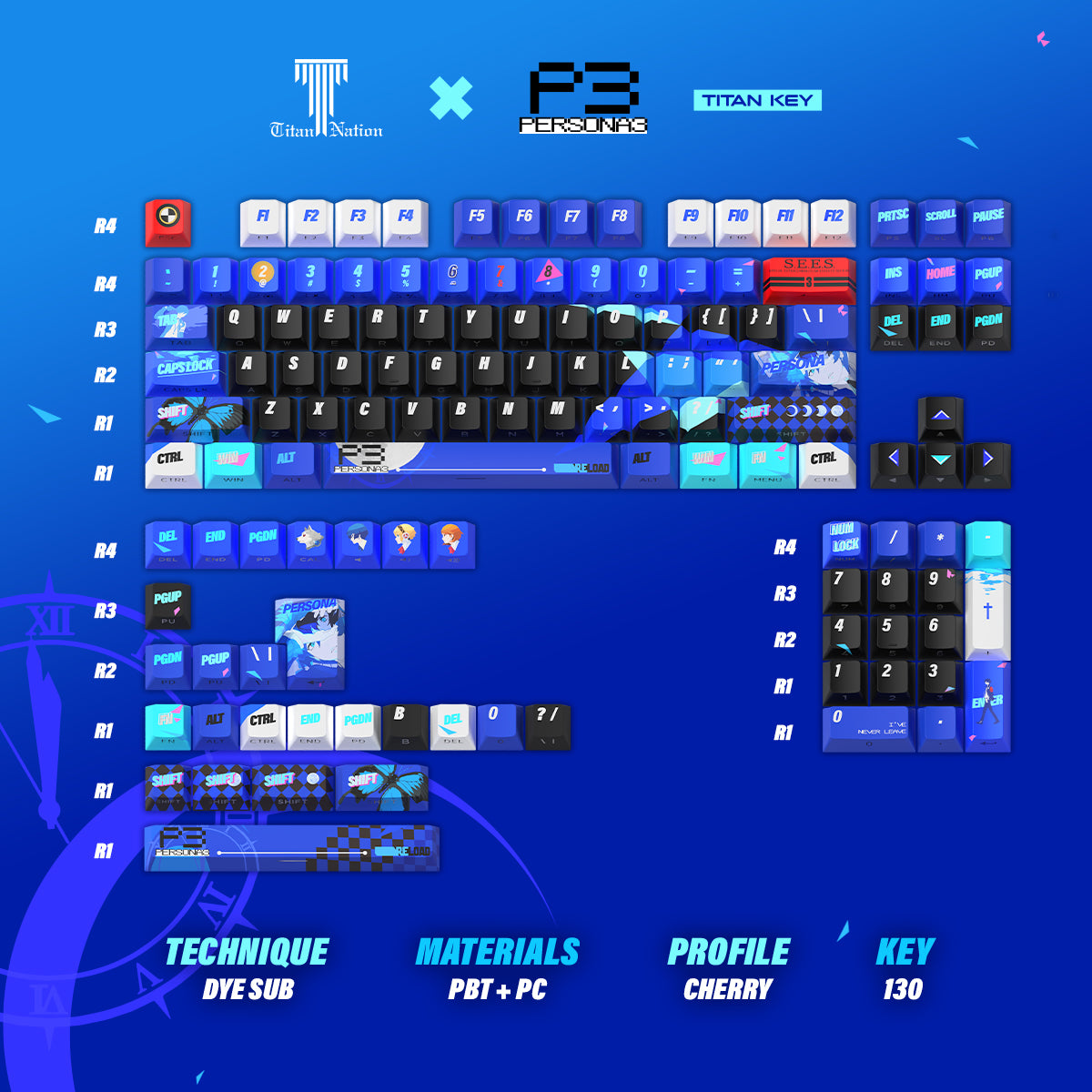 Persona 3 Reload Keycaps Set – PBT Dye-Sub Blue Nuclear Style